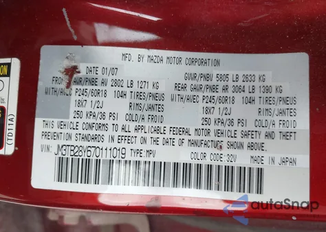 2007 Mazda Cx-9 Touring z USA, uszkodzony, nr VIN JM3TB28Y670111019